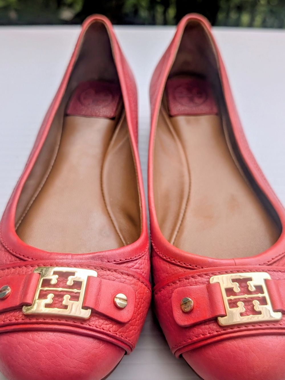Tory Burch Coral-Red Leather Logo Flats